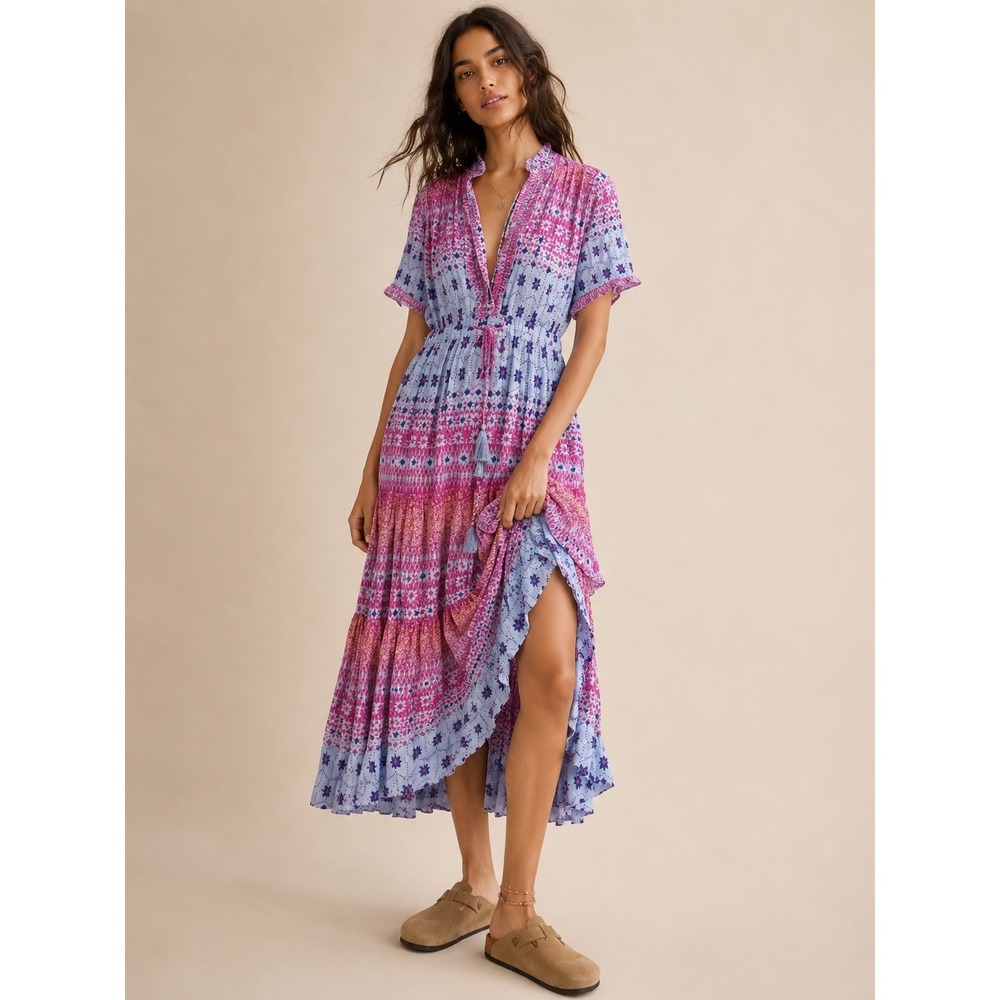Free People Rare Feelings Maxi Dress Blue Pink Floral Tiered Boho XS OB907121